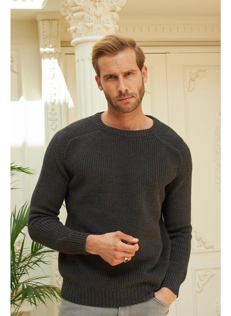Odelon Crew Neck Selanik Knitted Cotton Men's Anthracite Knitwear Sweater - Image 2